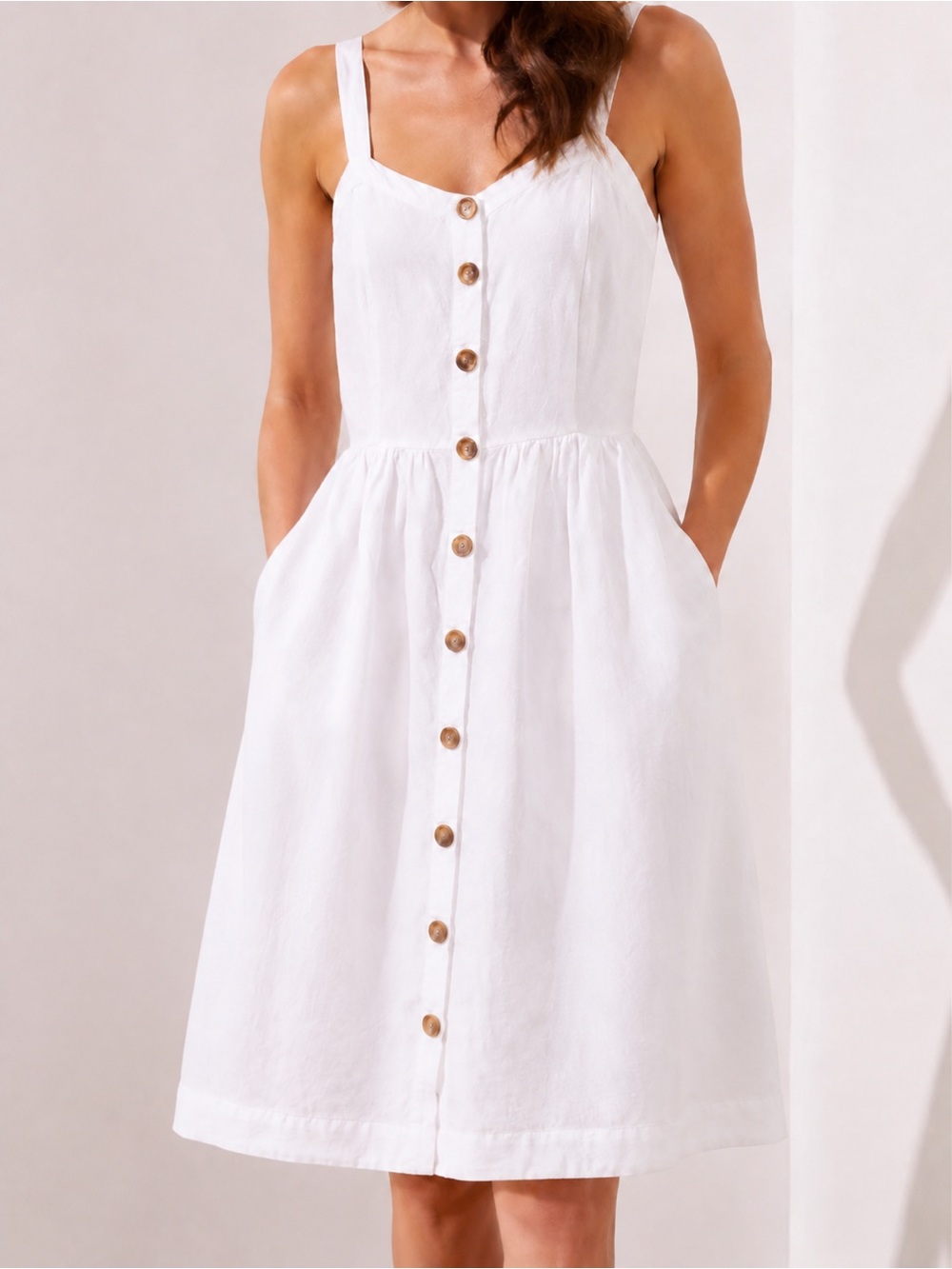 LOFT White Linen Blend Button Front Fit Flare Sundress Size 6 Pockets - Picture 4 of 17